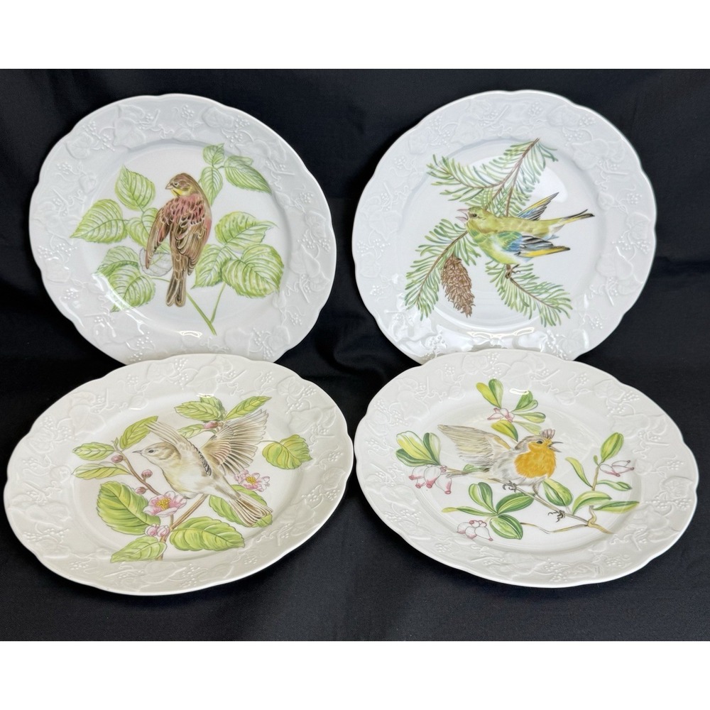 VTG Set Of 4 CNP Porcelain 8" Salad Plates Handpainted Bird Motifs Raised Border